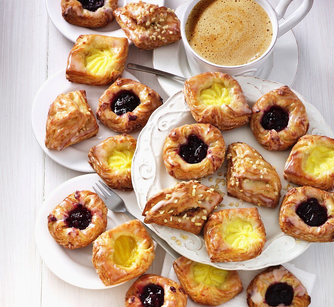 Various Danish pastries served with coffee