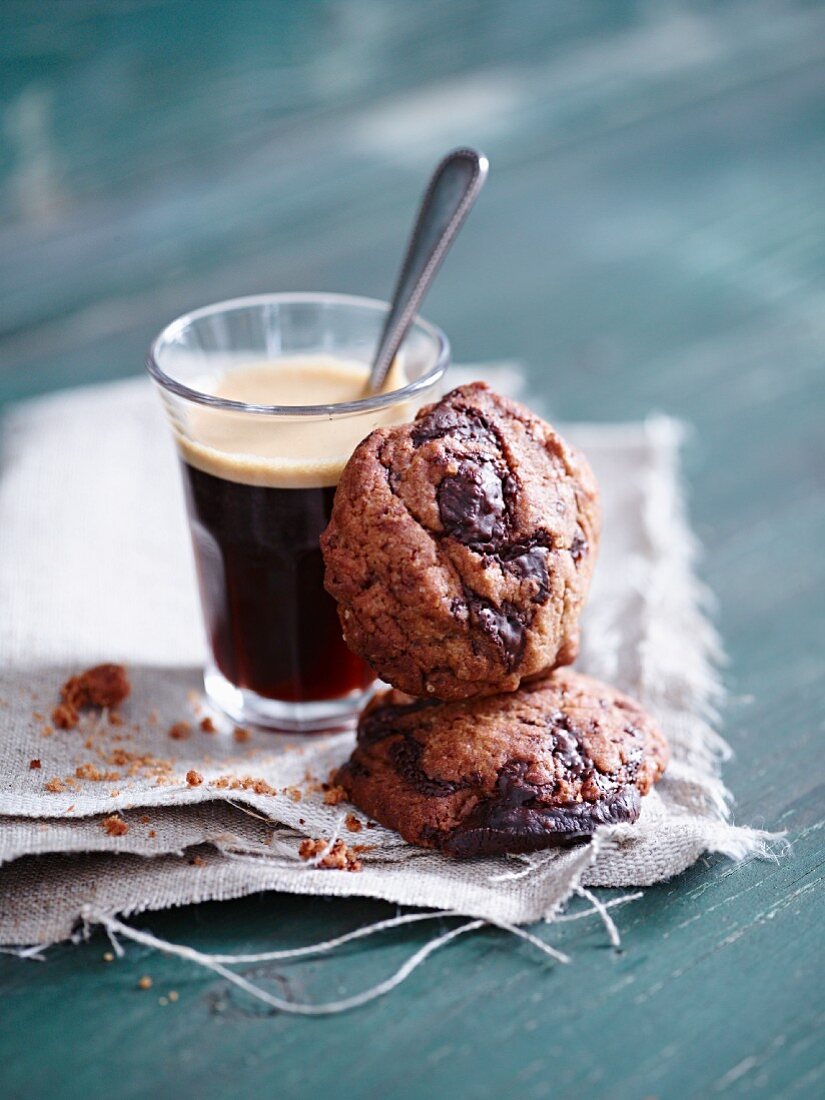 Chocolate chip cookies and a coffee