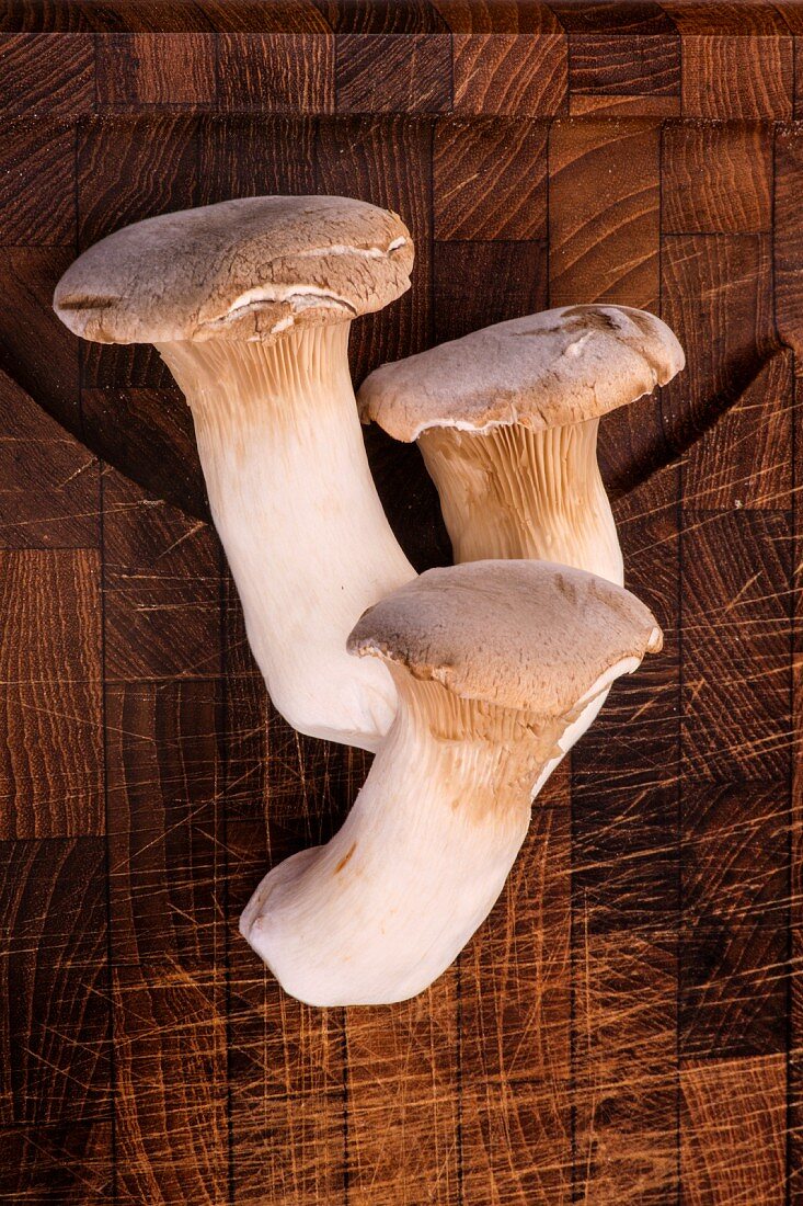 Fresh king trumpet mushrooms on a wooden surface