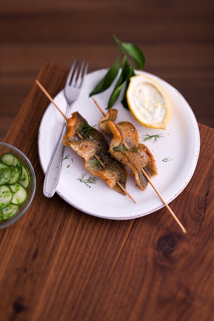 Trout skewers with cucumber salad