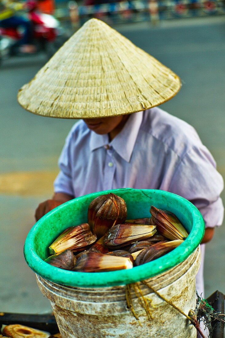 Fried banana flowers at a market in Saigon (Vietnam)