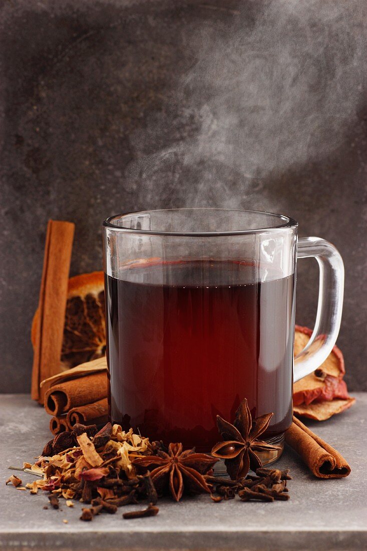 A steaming glass of mulled wine