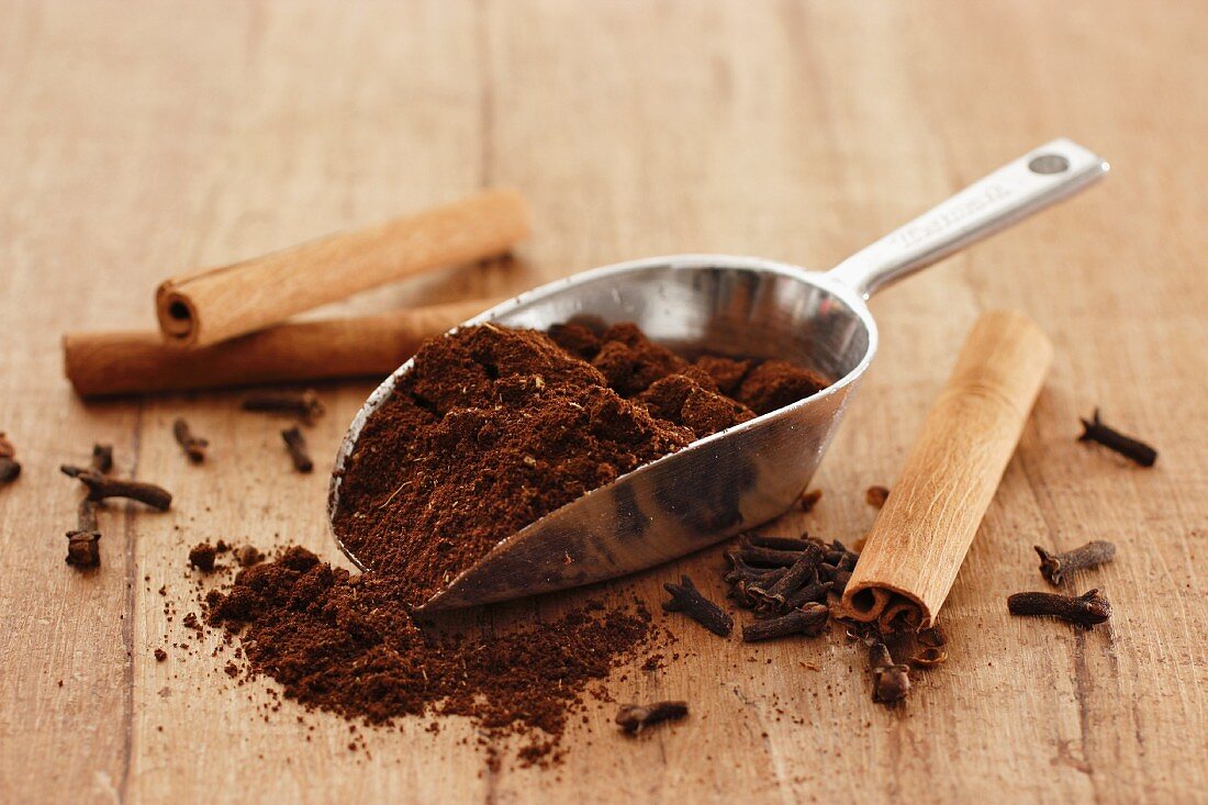 Coffee powder on a metal scoop between cinnamon sticks and cloves