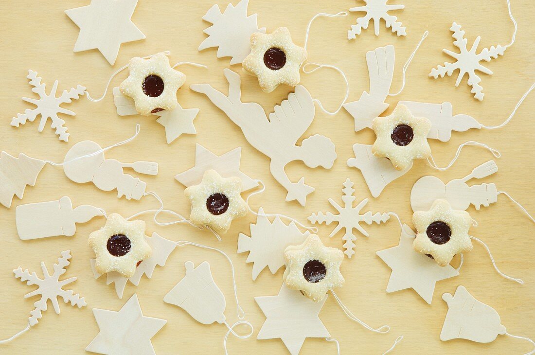 Christmas cookies with wooden tree decorations