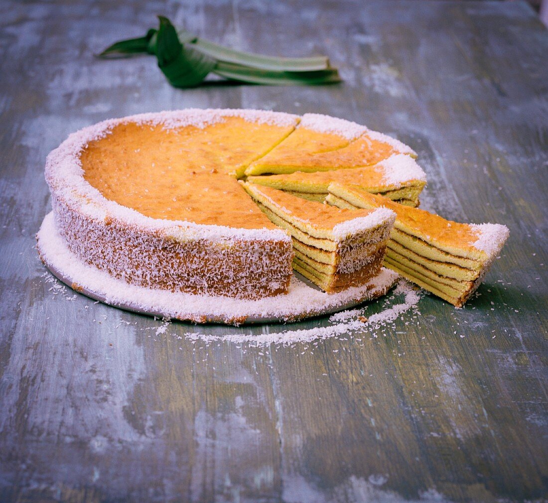 Pandan layer cake with coconut and pineapple jam