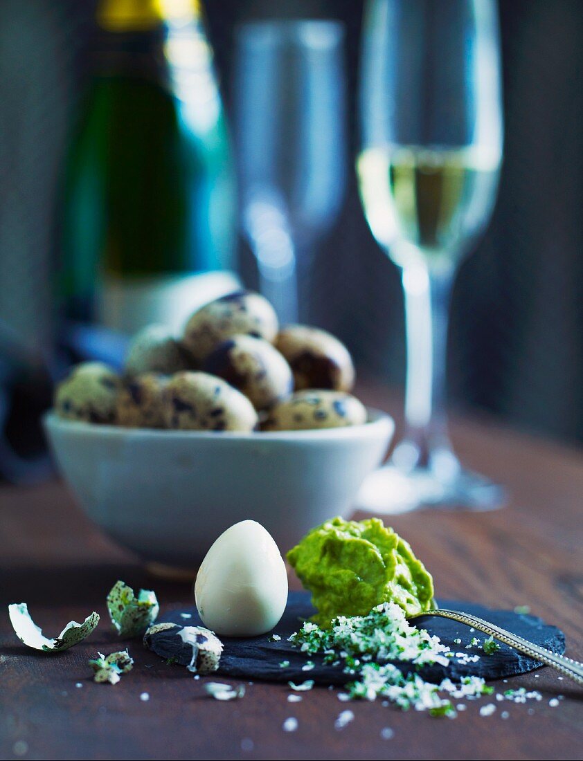 Boiled quail's eggs and guacamole for New Year's Eve