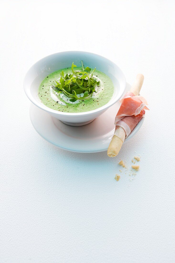 Pea and rocket soup with a ham-wrapped grissini