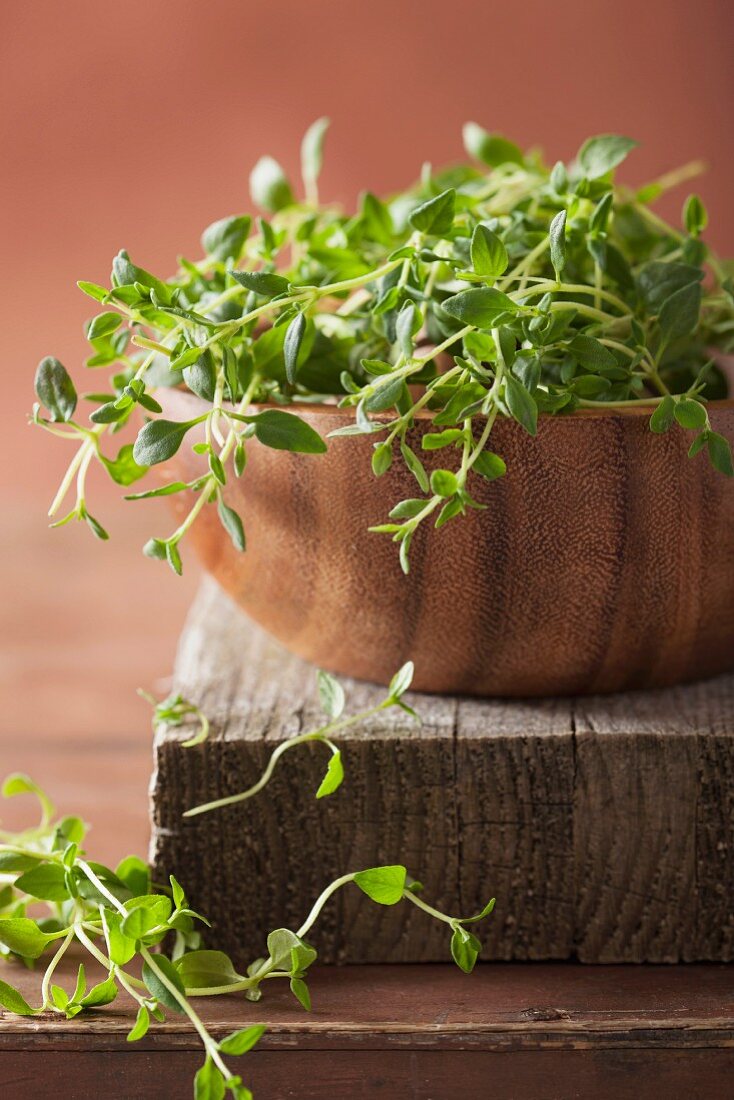 Thyme in a wooden bowl