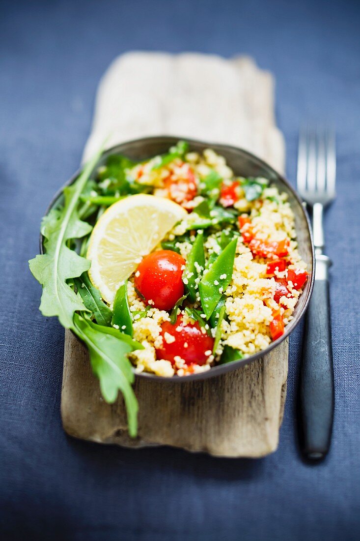 Couscous salad with mange tout