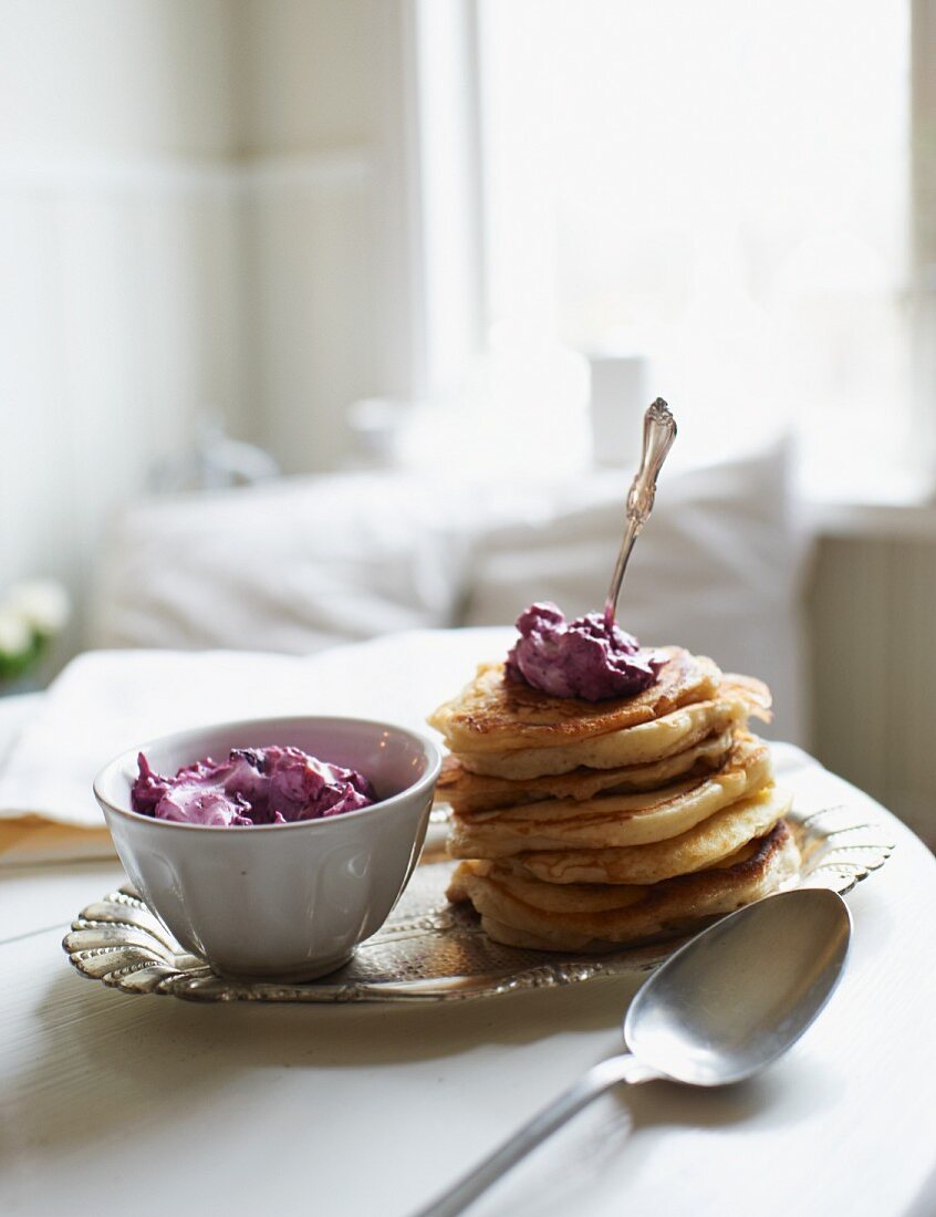 Pancakes with blueberry cream