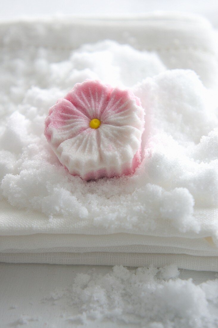 A sugar flower made from compacted icing sugar (Rakugan)