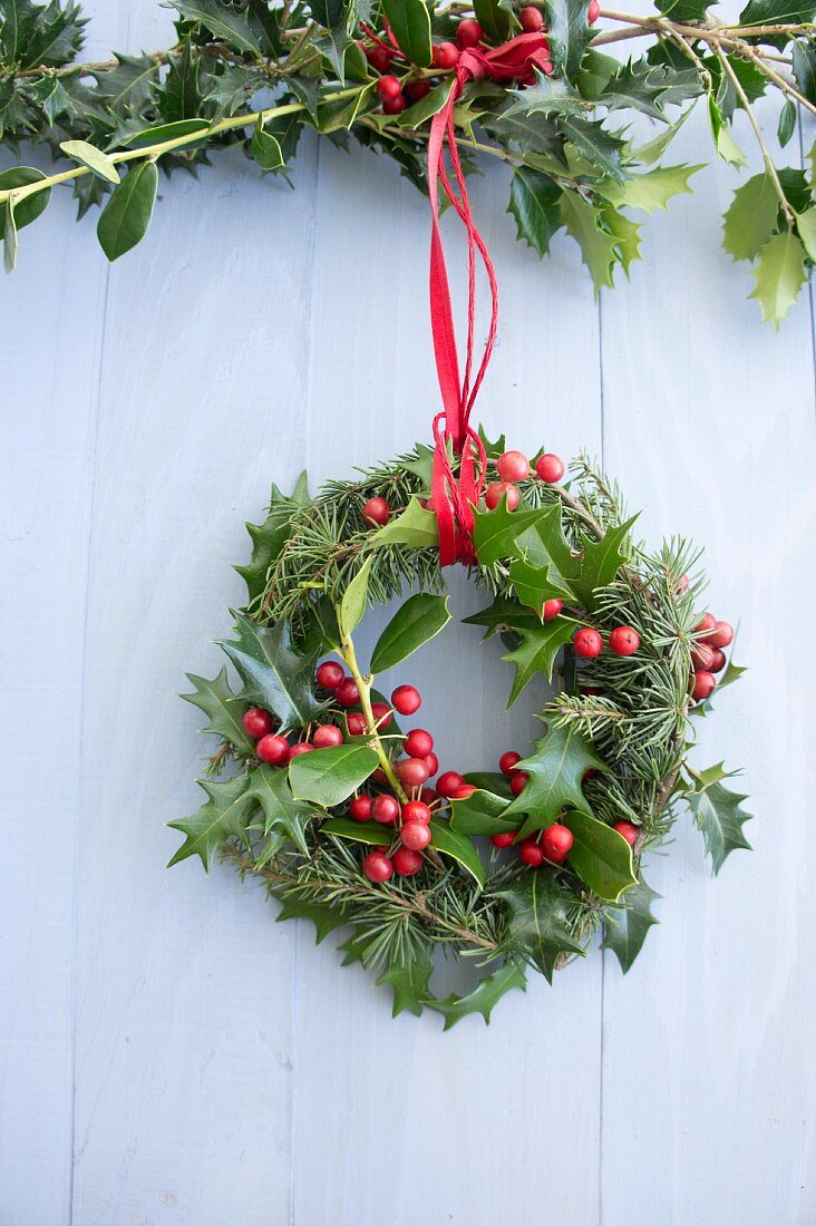 Christmas wreath of holly and larch branches