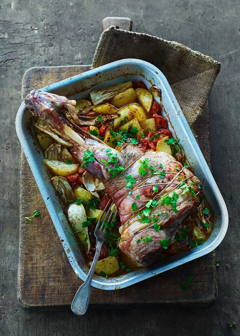 Leg of lamb with braised vegetables