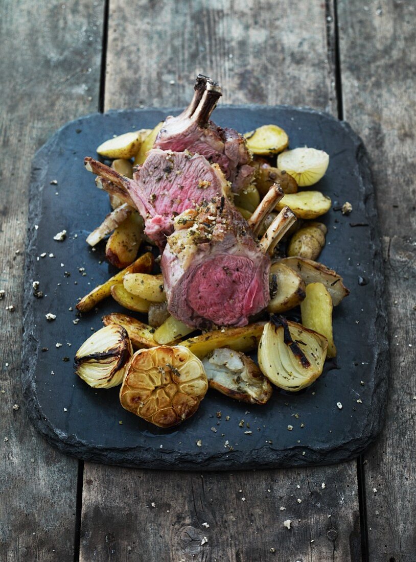 Lamb chops with roast potatoes and onions