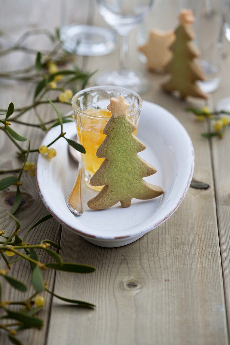 Christmas tree biscuits, kumquat jam and a sprig of mistletoe