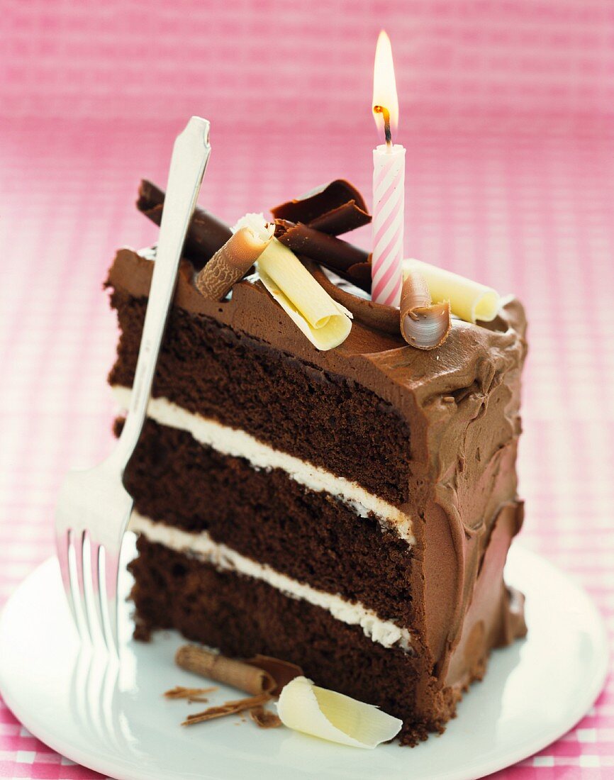 A slice of chocolate cake with a birthday candle