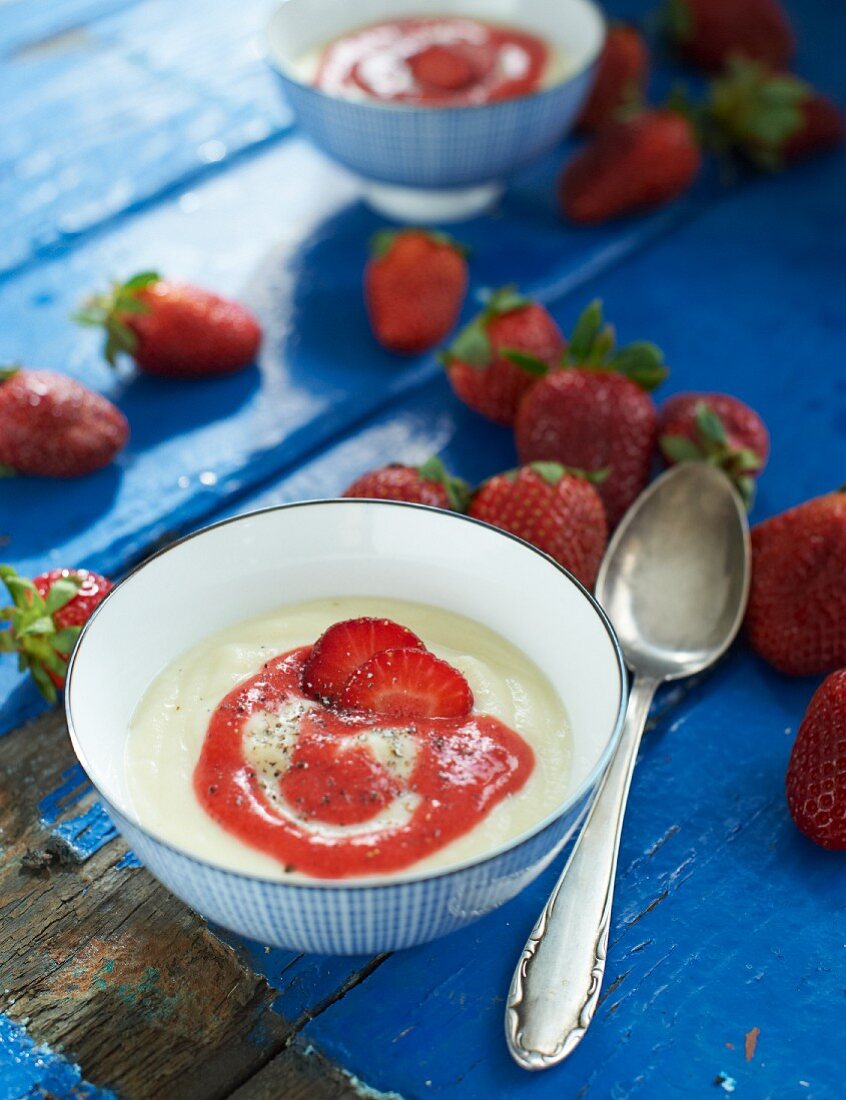 Celery soup with strawberry purée