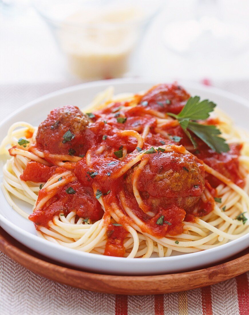 Spaghetti with tomato sauce and meatballs