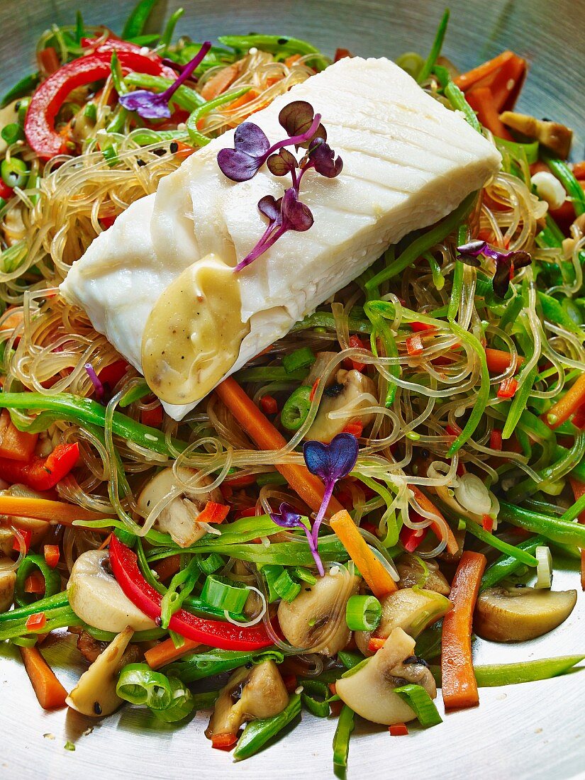 Glass noodle salad with poached fish