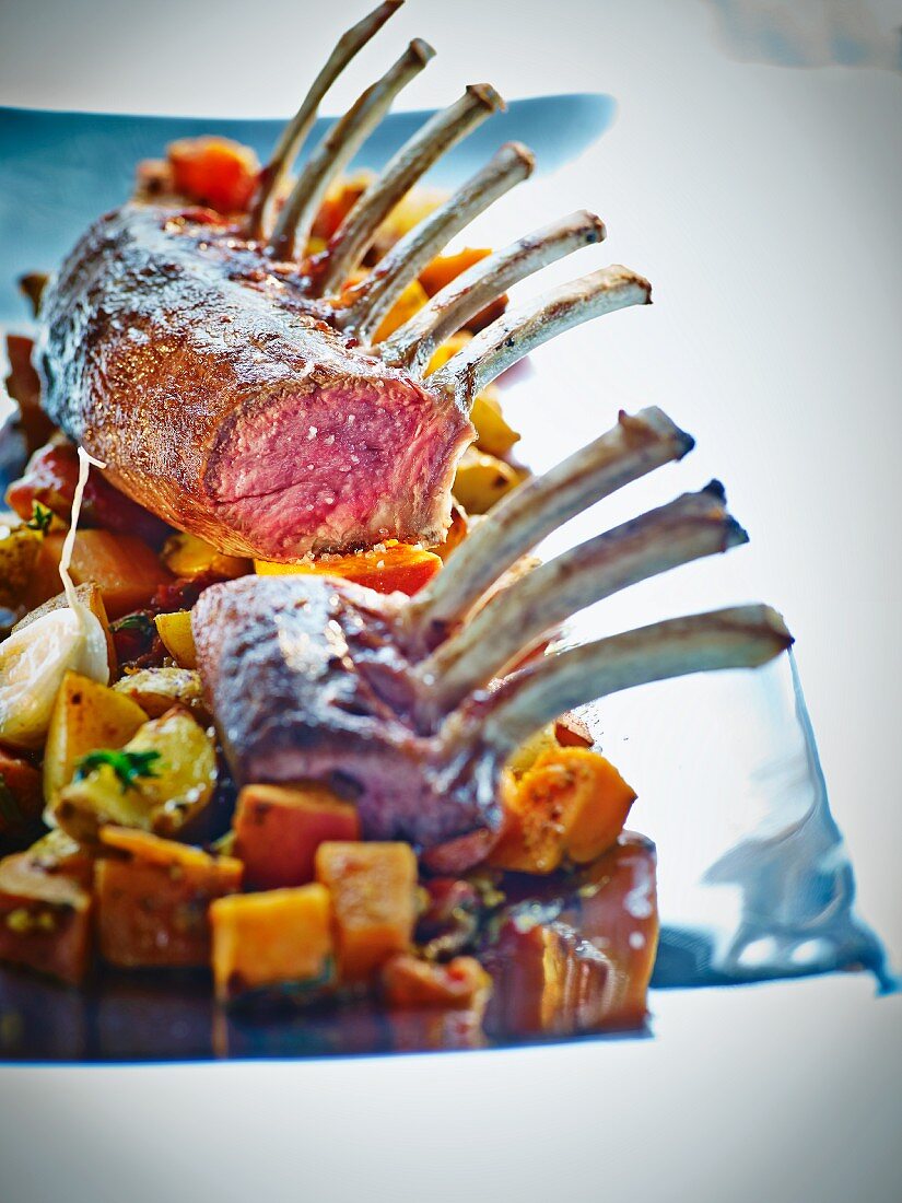 Rack of lamb with a potato and sweet potato medley