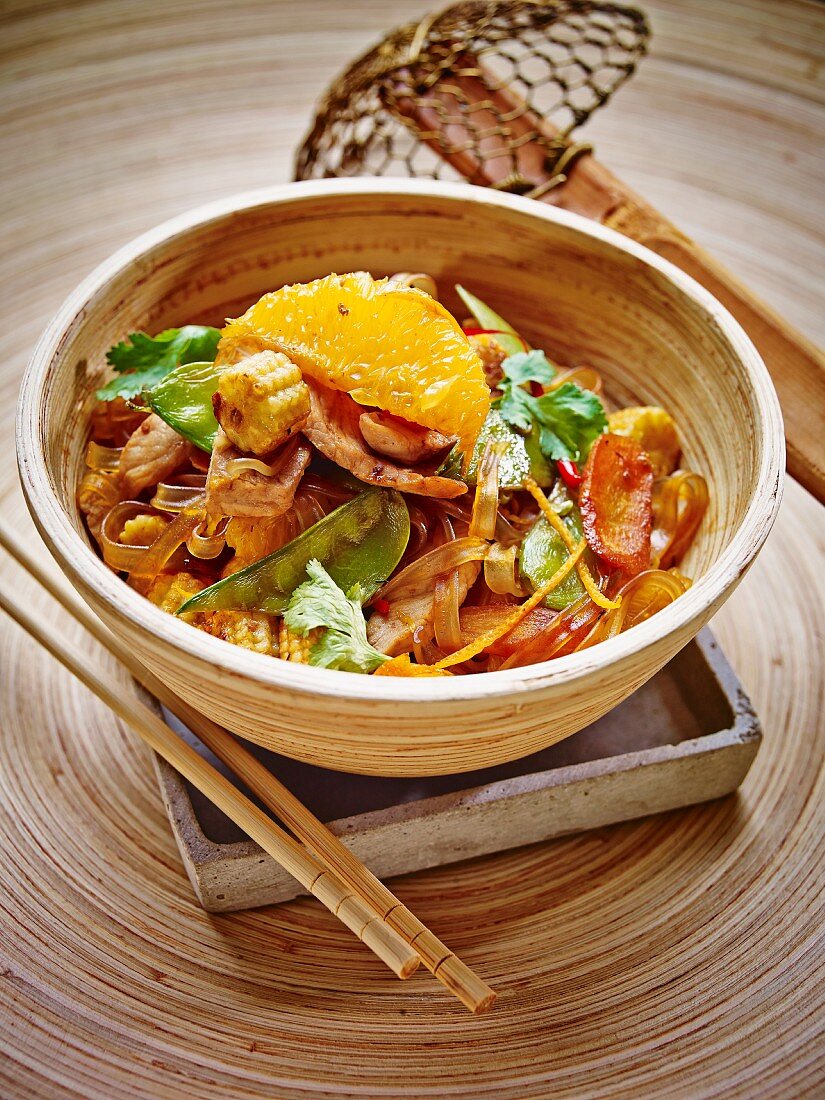 Tagliatelle with veal, vegetables, orange and coriander