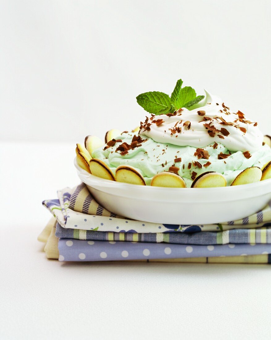 Peppermint cream with grated chocolate and whipped cream