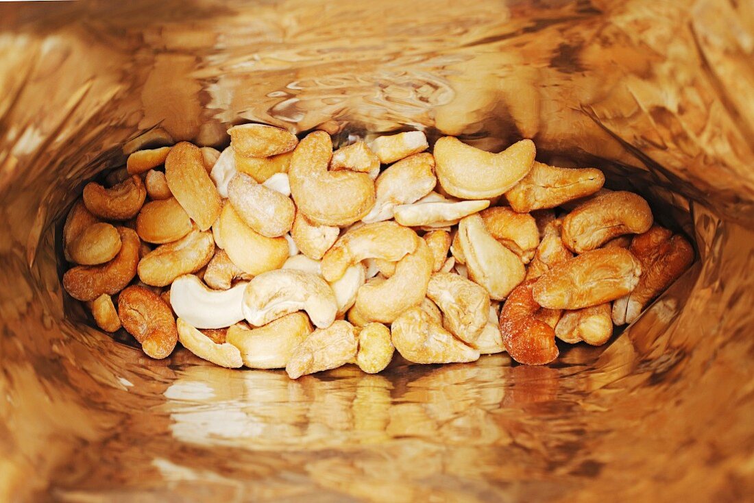 A bag of salted cashew nuts (seen from above)