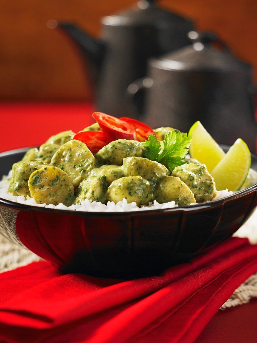 Green chicken curry with potatoes and rice