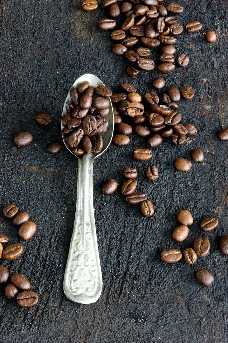 Coffee beans on an aluminium spoon