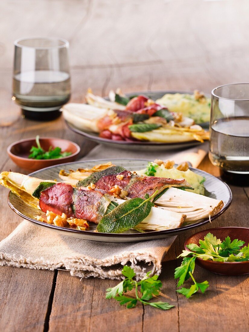 Chicory saltimbocca with raw ham and sage