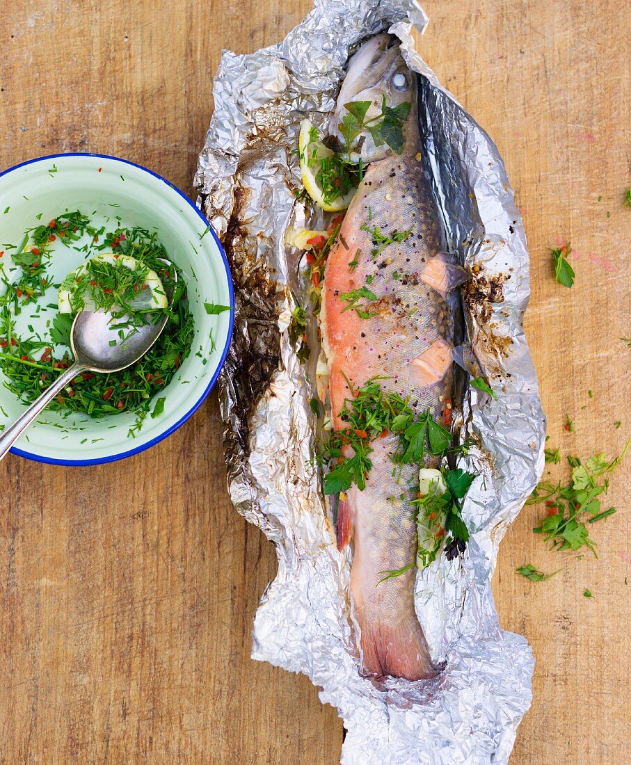Foil-baked char with herbs
