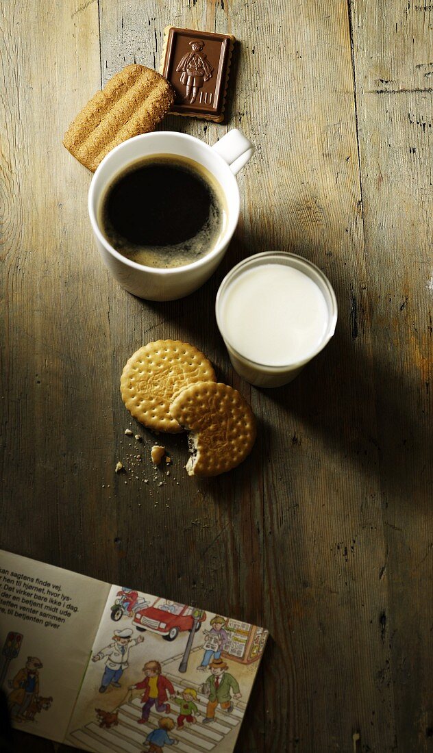 Coffee, milk, biscuits and a children's book