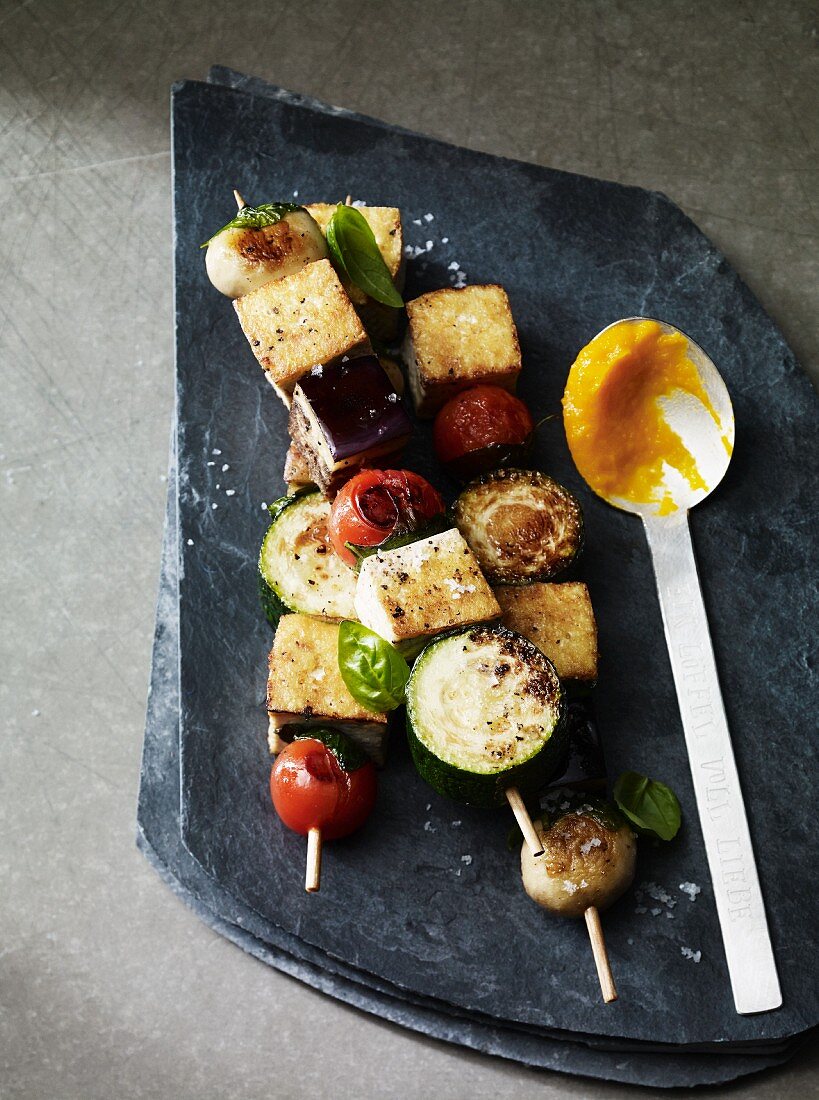 Vegetable skewers with tofu and a ginger and coriander dip