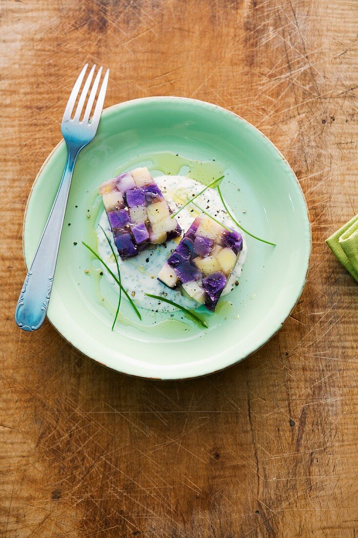 Potato terrine with chive creme fraiche