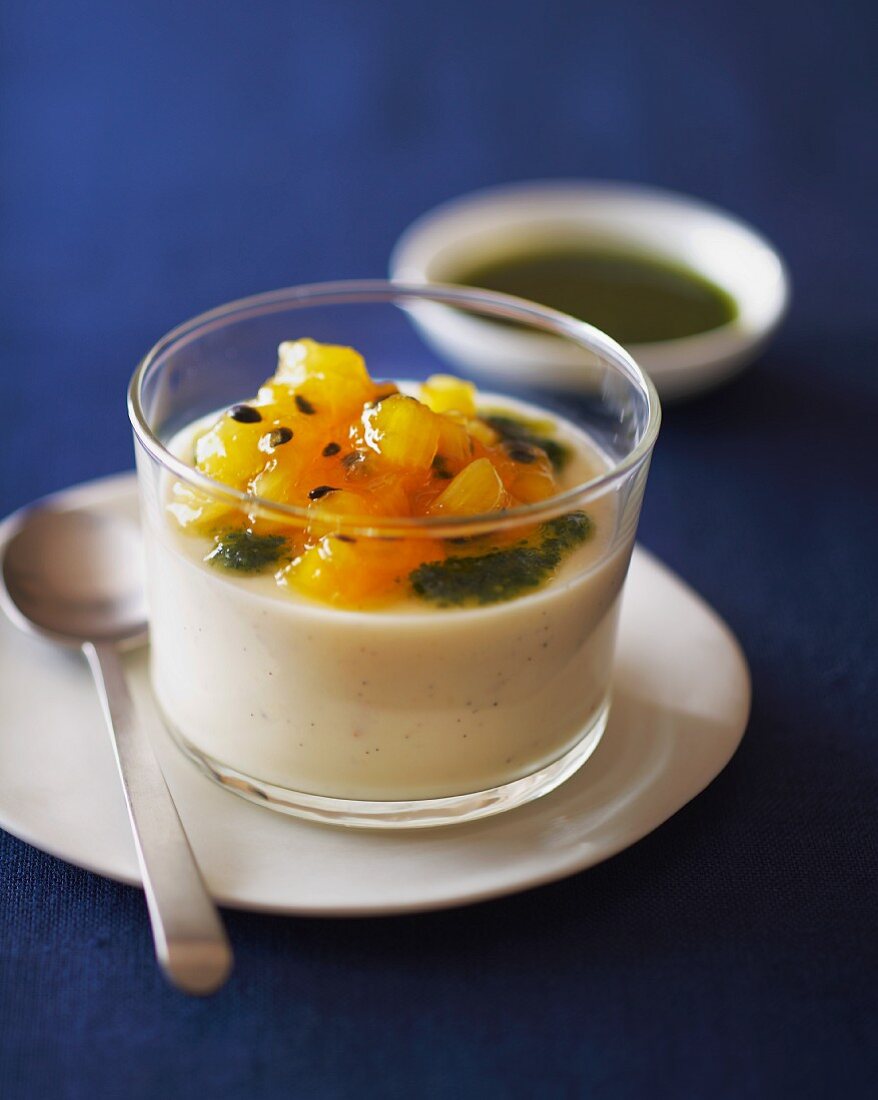 Almond pudding with passion fruit and coriander pesto