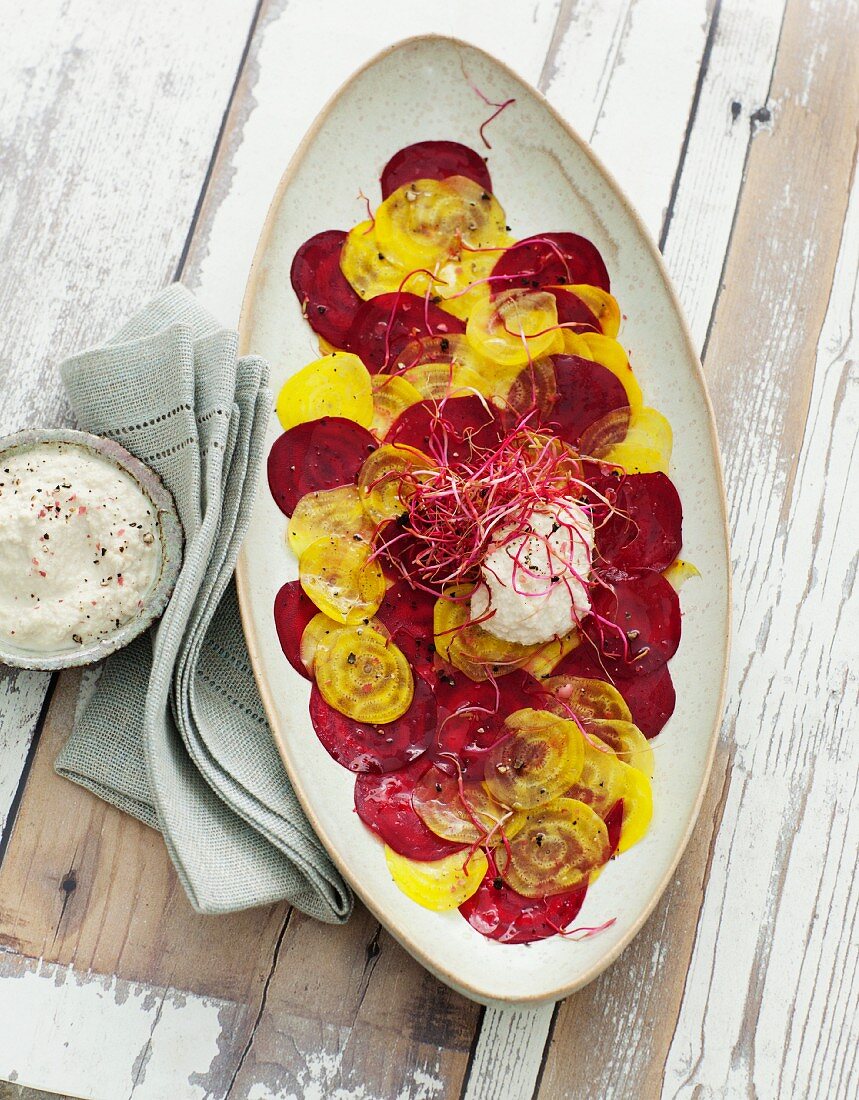 Beetroot and golden beet carpaccio with cashew mousse