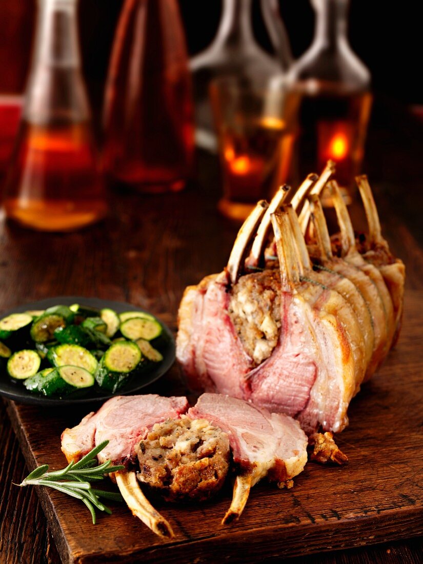 Stuffed saddle of lamb with courgette and wine