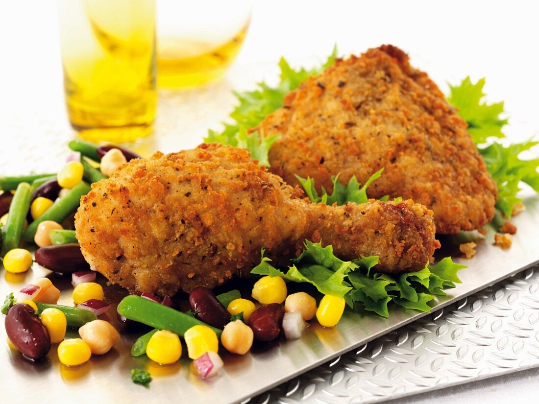 Breaded chicken with a bean and sweetcorn salad