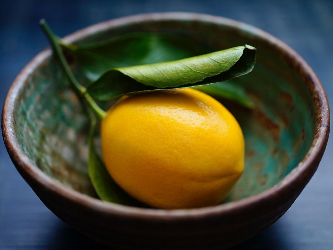 A lemon with a leaf in a ceramic bowl