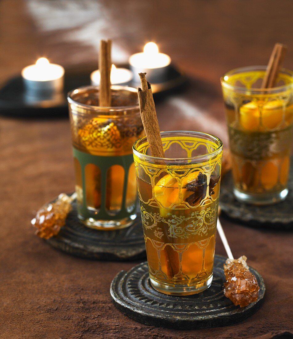 Tea with spices and rock candy sticks