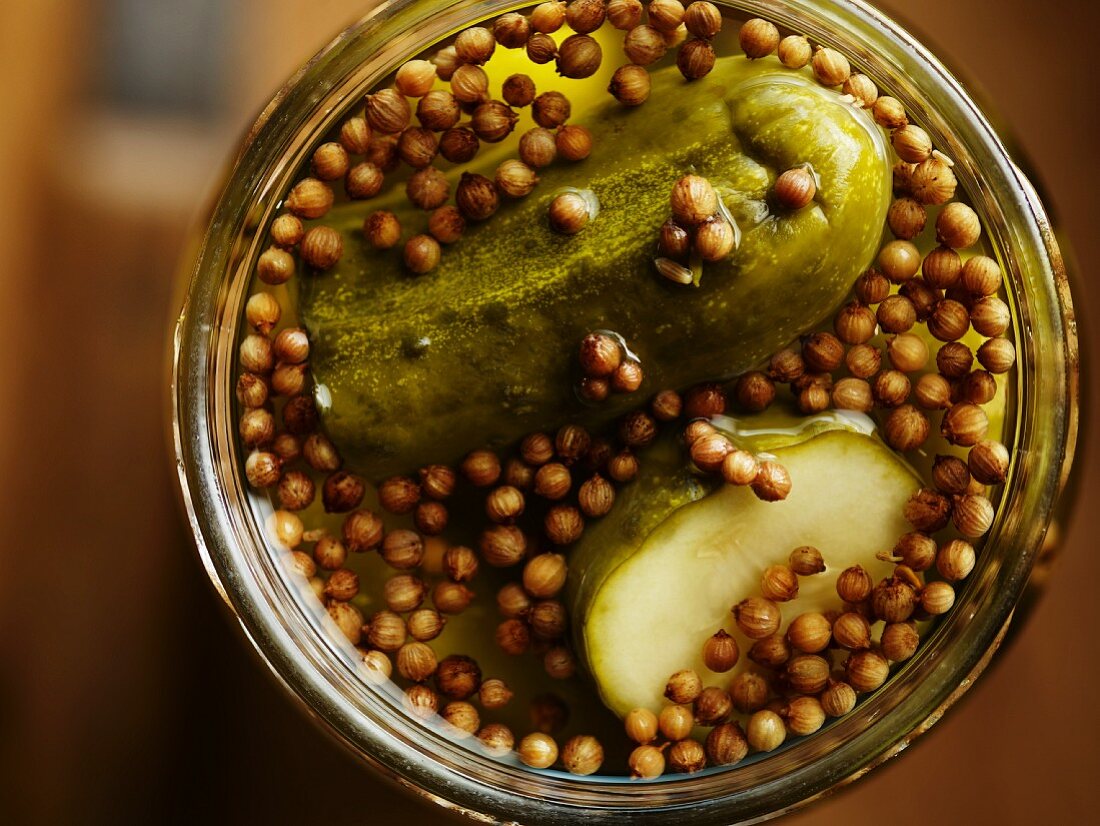 A jar of gherkins (seen from above)