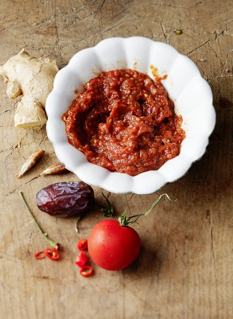 Rohe Tomatensauce mit Datteln, Ingwer & Chili