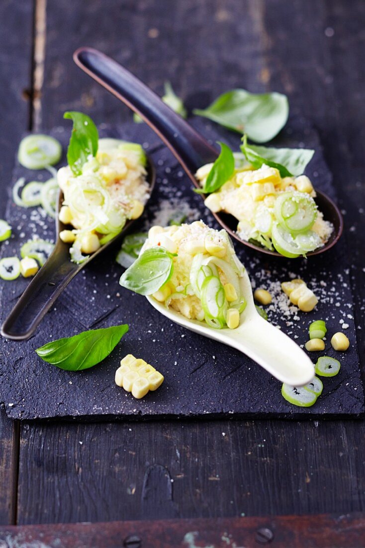 Parsnip puree with sweetcorn and basil