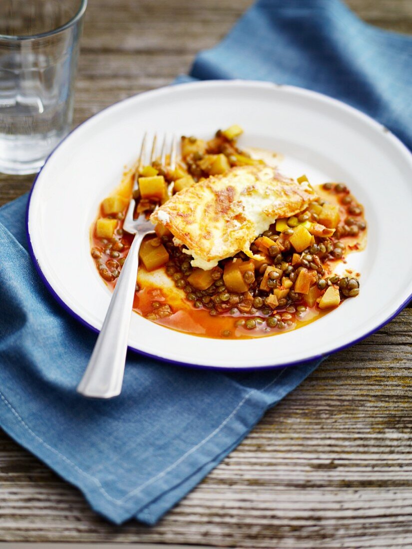 Vegetable and lentil stew with fried feta cheese