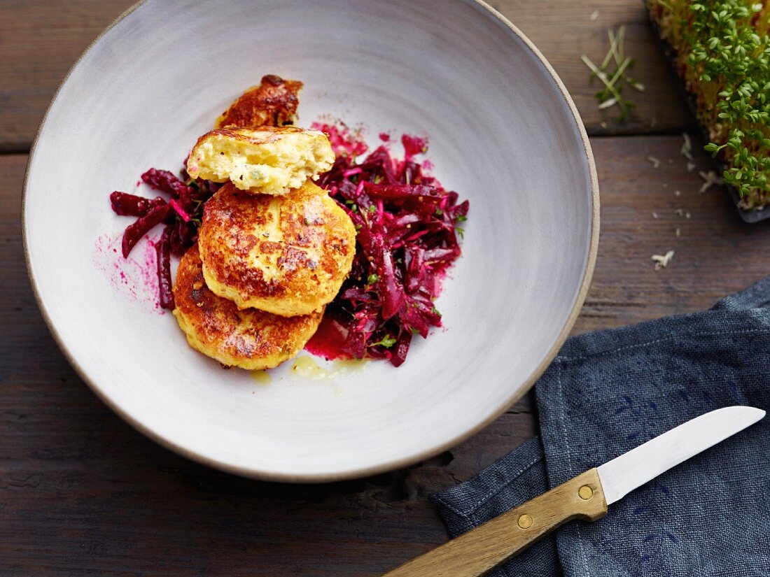 Celery and quark cakes with beetroot