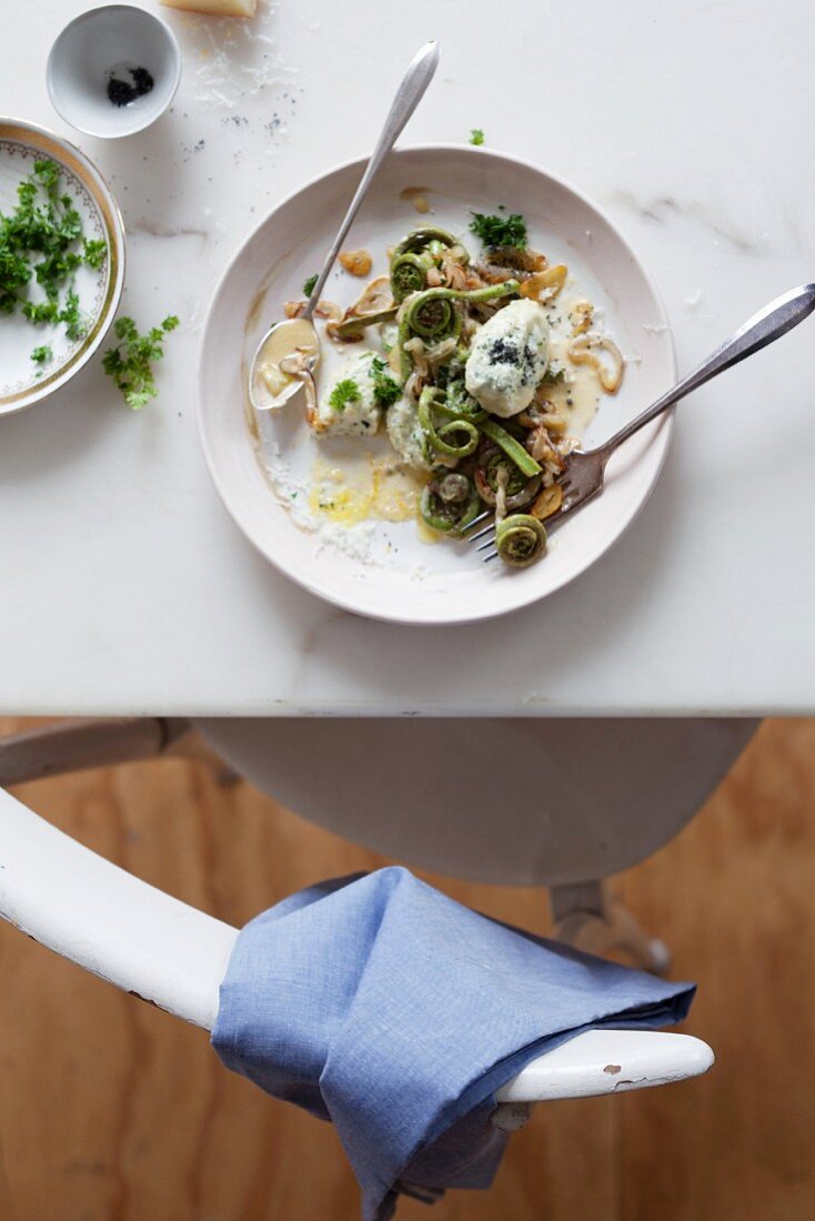 Herb Gnudi (ricotta dumplings) with fiddleheads (Canada)