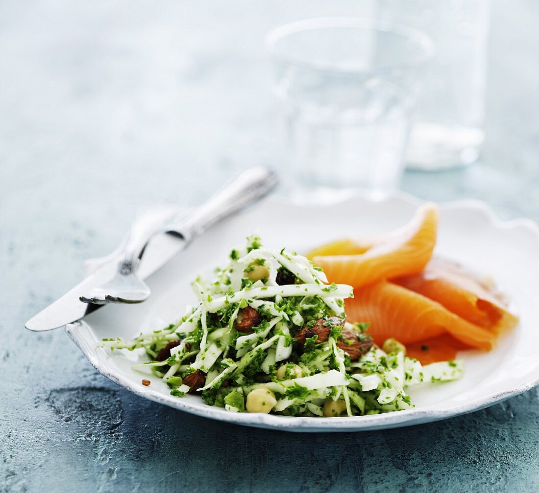 White cabbage salad with smoked salmon