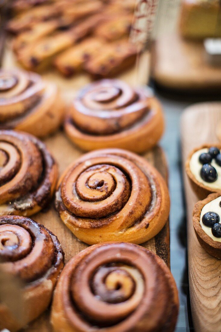 Cinnamon buns and blueberry tartlets