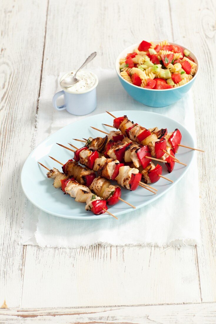 Chicken, onion and pepper skewers with a pasta salad