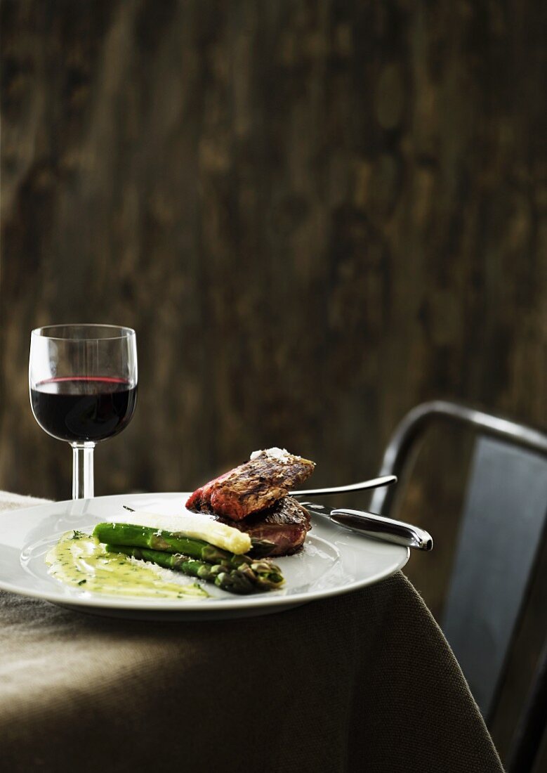 Beef steak with asparagus and a butter herb sauce